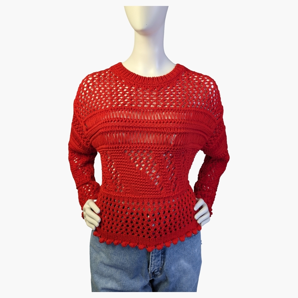 Zara Red Open Knit Crochet Bohemian Sweater With Scalloped Edges